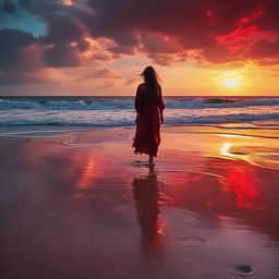 A brave girl standing on a mesmerizing beach with liquid fire washing ashore under a crimson sunset