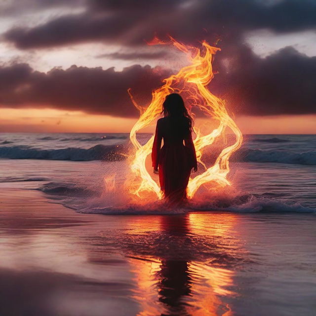 A brave girl standing on a mesmerizing beach with liquid fire washing ashore under a crimson sunset