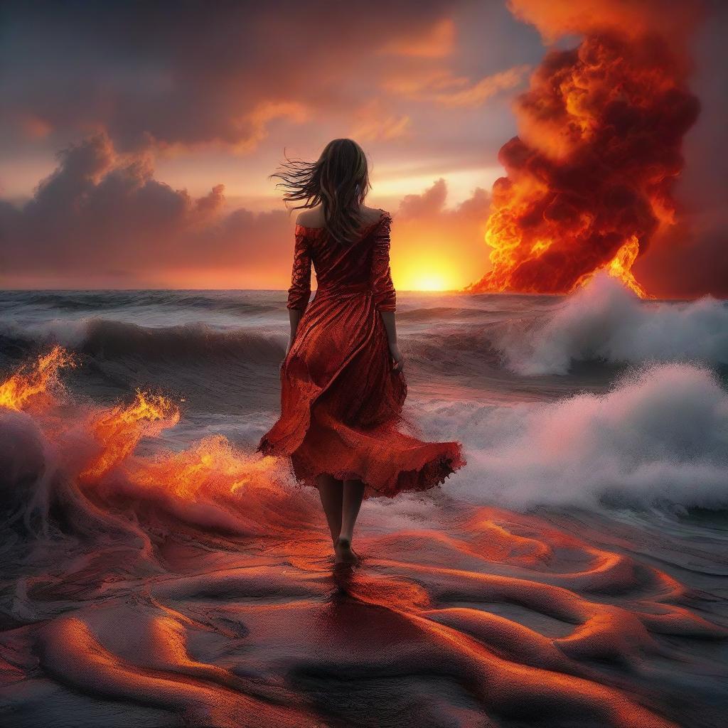 A fearless girl standing at the edge of a surreal sea, where molten lava replaces traditional waves, under a fiery sunset