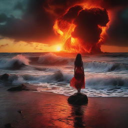 A fearless girl standing at the edge of a surreal sea, where molten lava replaces traditional waves, under a fiery sunset