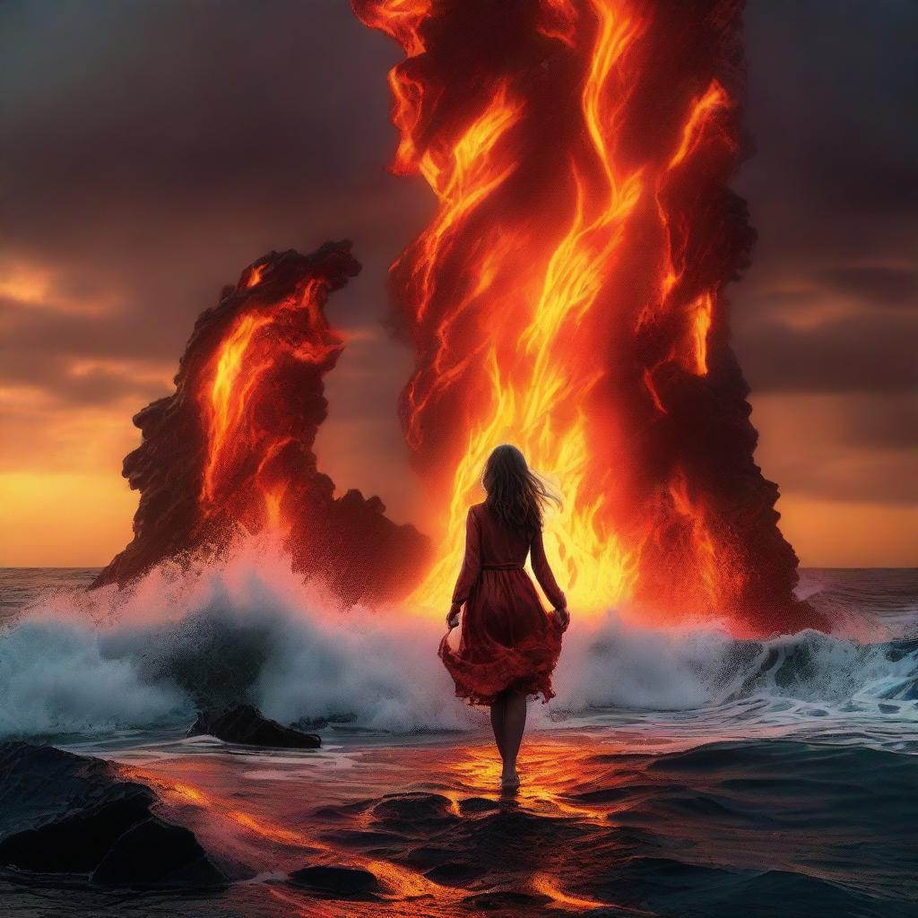 A fearless girl standing at the edge of a surreal sea, where molten lava replaces traditional waves, under a fiery sunset