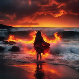 A fearless girl standing at the edge of a surreal sea, where molten lava replaces traditional waves, under a fiery sunset