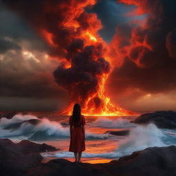 A daring girl observing a surreal scene where a sea has been replaced with churning, glowing lava under a dramatic, fiery sky