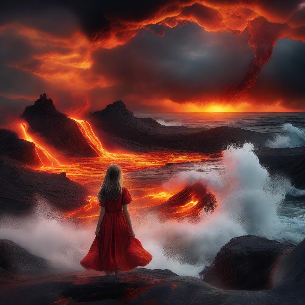 A daring girl observing a surreal scene where a sea has been replaced with churning, glowing lava under a dramatic, fiery sky