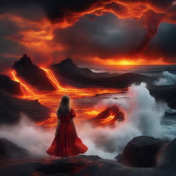 A daring girl observing a surreal scene where a sea has been replaced with churning, glowing lava under a dramatic, fiery sky