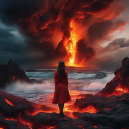 A daring girl observing a surreal scene where a sea has been replaced with churning, glowing lava under a dramatic, fiery sky