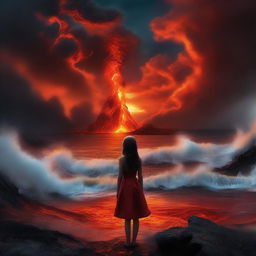 A daring girl observing a surreal scene where a sea has been replaced with churning, glowing lava under a dramatic, fiery sky