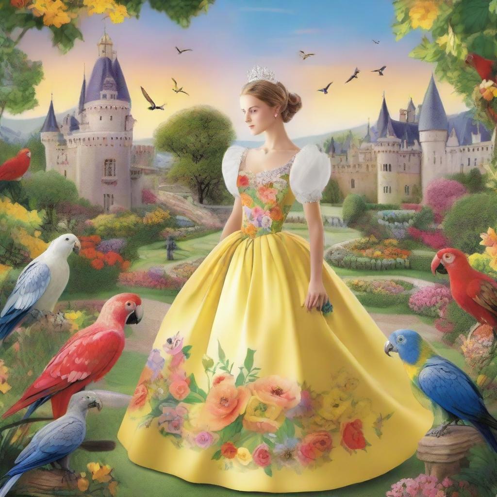 A princess in colorful Caroline cage skirts of white, black, and golden hues, gently carrying a vibrant parrot, with a scenic garden and castle in the background