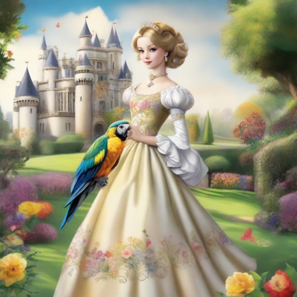 A princess in colorful Caroline cage skirts of white, black, and golden hues, gently carrying a vibrant parrot, with a scenic garden and castle in the background