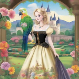 A princess in colorful Caroline cage skirts of white, black, and golden hues, gently carrying a vibrant parrot, with a scenic garden and castle in the background