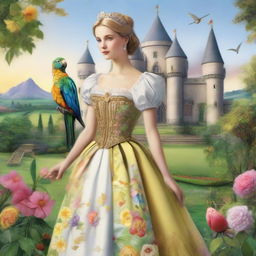 A princess in colorful Caroline cage skirts of white, black, and golden hues, gently carrying a vibrant parrot, with a scenic garden and castle in the background