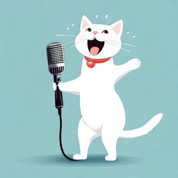 A cheerful cat, standing on its hind legs, joyfully singing into an old-fashioned silver microphone