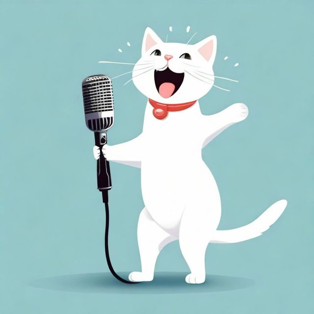 A cheerful cat, standing on its hind legs, joyfully singing into an old-fashioned silver microphone