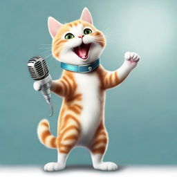 A cheerful cat, standing on its hind legs, joyfully singing into an old-fashioned silver microphone