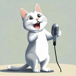 A cheerful cat, standing on its hind legs, joyfully singing into an old-fashioned silver microphone