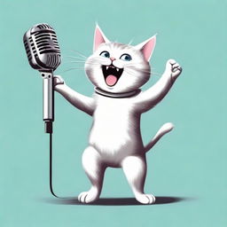 A cheerful cat, standing on its hind legs, joyfully singing into an old-fashioned silver microphone