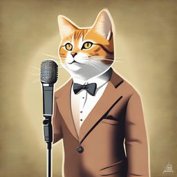 An elegant cat wearing a classy suit, crooning into a vintage microphone with a velvety jazz club backdrop