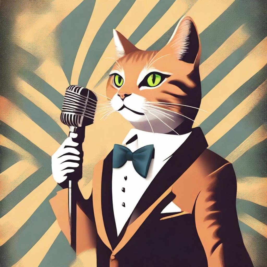 An elegant cat wearing a classy suit, crooning into a vintage microphone with a velvety jazz club backdrop