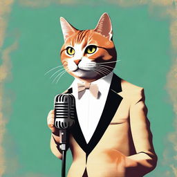 An elegant cat wearing a classy suit, crooning into a vintage microphone with a velvety jazz club backdrop