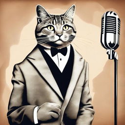 An elegant cat wearing a classy suit, crooning into a vintage microphone with a velvety jazz club backdrop