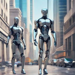 Advanced humans of year 3000 with futuristic clothing, augmented physical capabilities, and AI-enhanced cognitive abilities, in a sophisticated cityscape