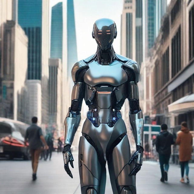 Advanced humans of year 3000 with futuristic clothing, augmented physical capabilities, and AI-enhanced cognitive abilities, in a sophisticated cityscape