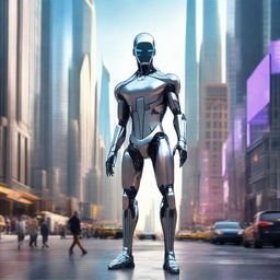 Advanced humans of year 3000 with futuristic clothing, augmented physical capabilities, and AI-enhanced cognitive abilities, in a sophisticated cityscape