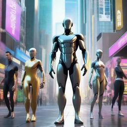 Advanced humans of year 3000 with futuristic clothing, augmented physical capabilities, and AI-enhanced cognitive abilities, in a sophisticated cityscape