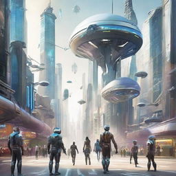 Evolved humans from the year 3000, equipped with high-tech wearables and imbued with futuristic features, in a bustling cityscape with floating structures