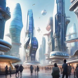 Evolved humans from the year 3000, equipped with high-tech wearables and imbued with futuristic features, in a bustling cityscape with floating structures