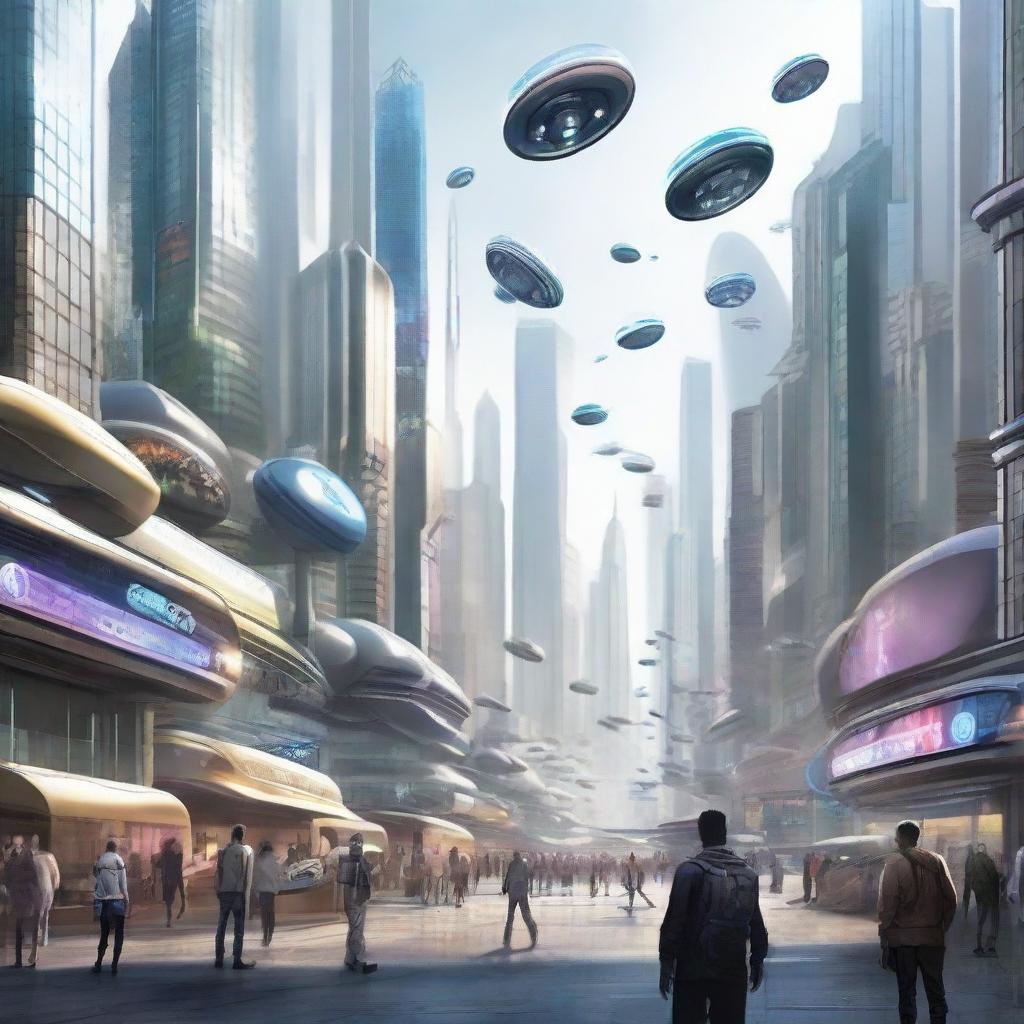 Evolved humans from the year 3000, equipped with high-tech wearables and imbued with futuristic features, in a bustling cityscape with floating structures