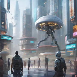 Evolved humans from the year 3000, equipped with high-tech wearables and imbued with futuristic features, in a bustling cityscape with floating structures