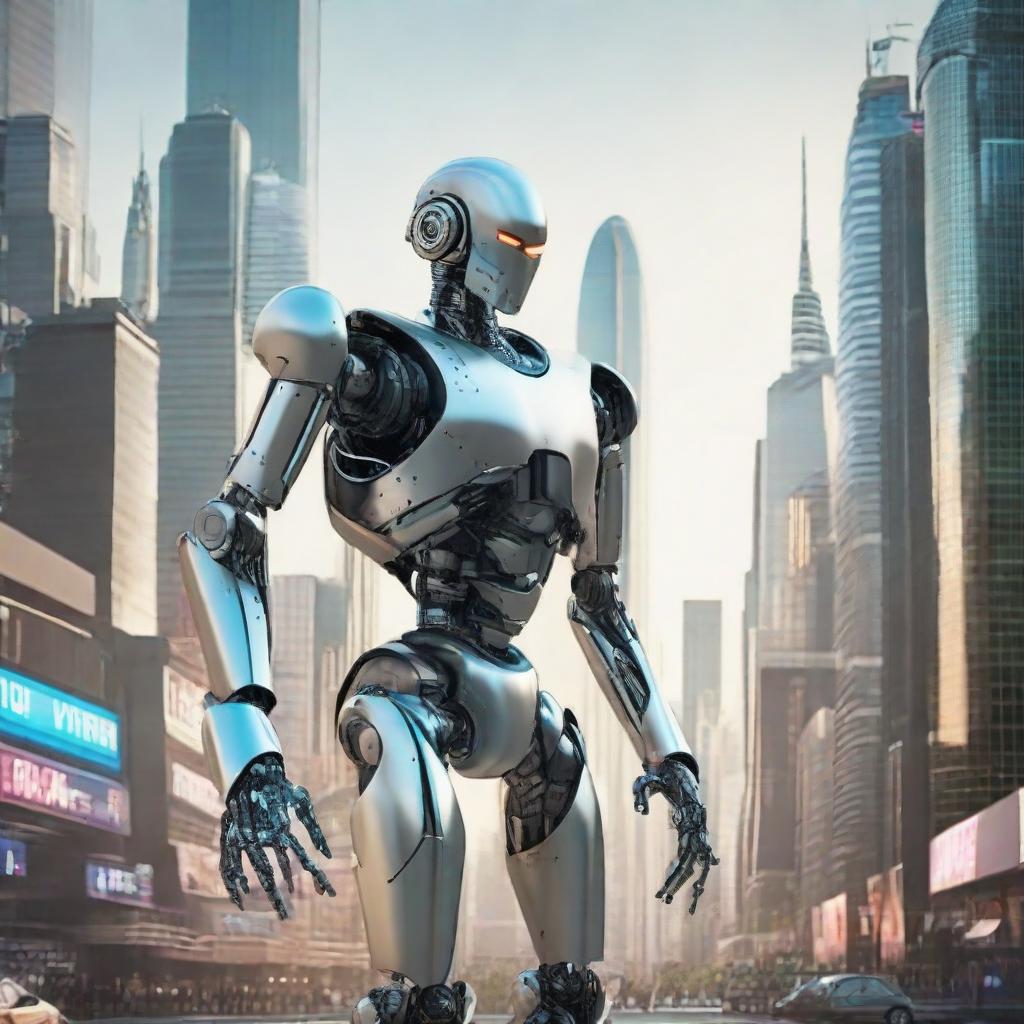 AI-enhanced, future robots of year 3000 with intricate, advanced designs and equipped with high-tech capabilities, in a technologically advanced cityscape