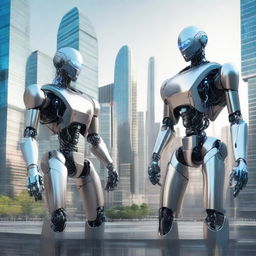 AI-enhanced, future robots of year 3000 with intricate, advanced designs and equipped with high-tech capabilities, in a technologically advanced cityscape