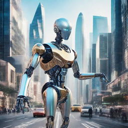 AI-enhanced, future robots of year 3000 with intricate, advanced designs and equipped with high-tech capabilities, in a technologically advanced cityscape