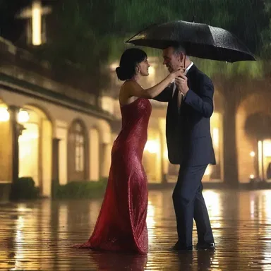 The couple enjoyed a romantic evening together, sipping wine and getting soaked by the rain as they danced.