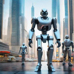 AI-enhanced, future robots of year 3000 with intricate, advanced designs and equipped with high-tech capabilities, in a technologically advanced cityscape