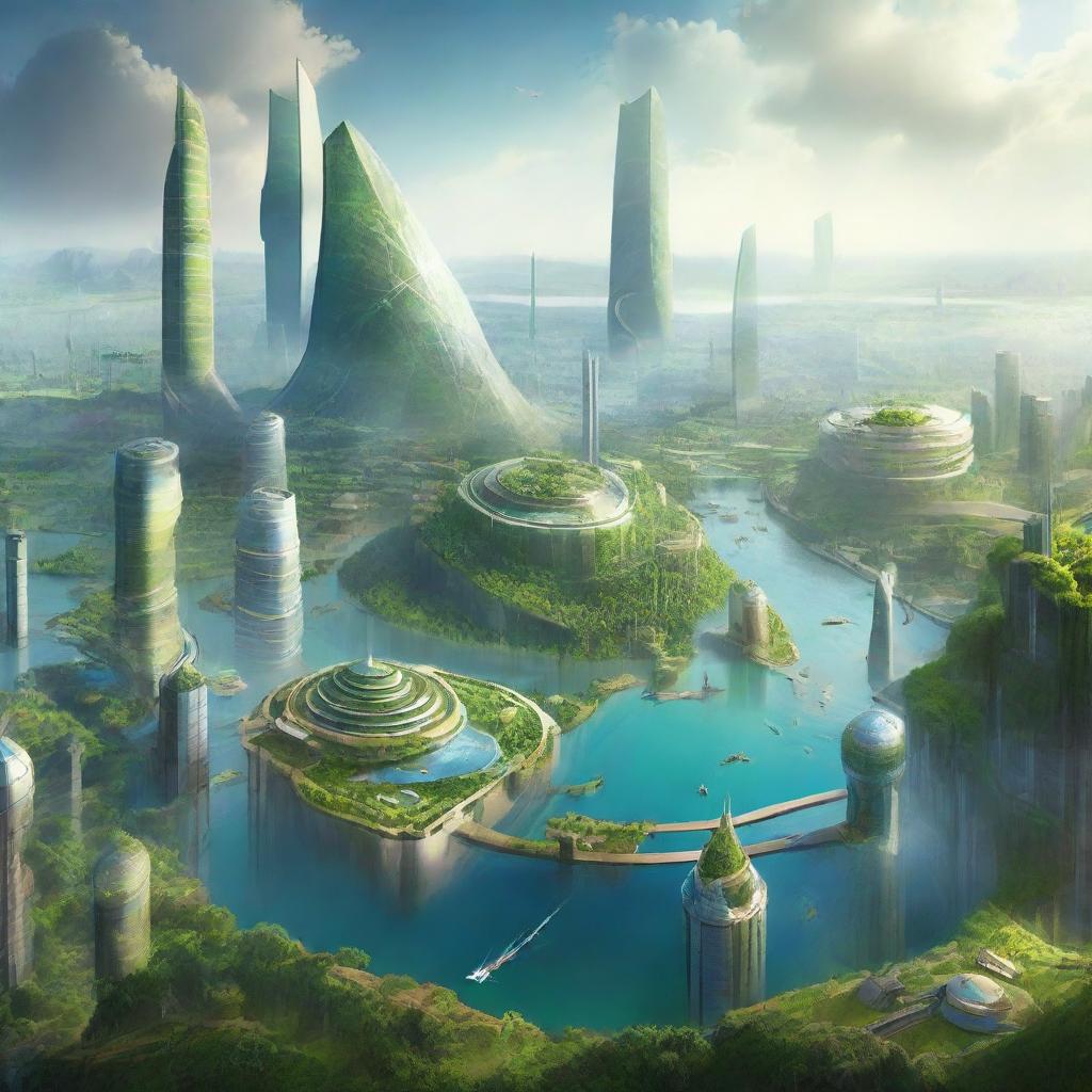 A breathtaking landscape of Earth in the year 3000, featuring advanced megacities with floating architecture, clean energy farms, and lush, regenerated wildlands