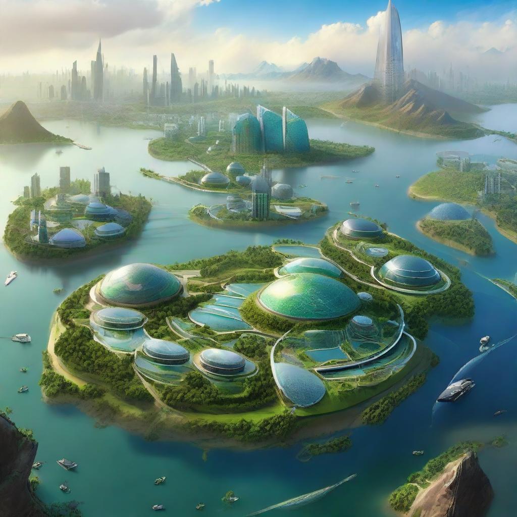 A breathtaking landscape of Earth in the year 3000, featuring advanced megacities with floating architecture, clean energy farms, and lush, regenerated wildlands