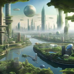 A breathtaking landscape of Earth in the year 3000, featuring advanced megacities with floating architecture, clean energy farms, and lush, regenerated wildlands