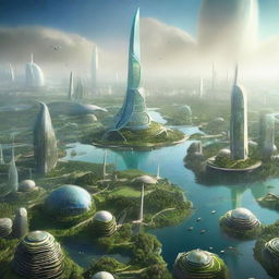 A breathtaking landscape of Earth in the year 3000, featuring advanced megacities with floating architecture, clean energy farms, and lush, regenerated wildlands