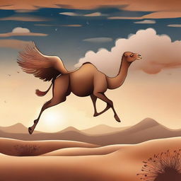 A whimsical scene featuring a majestic camel flying gracefully through the dusky desert sky with feathery wings