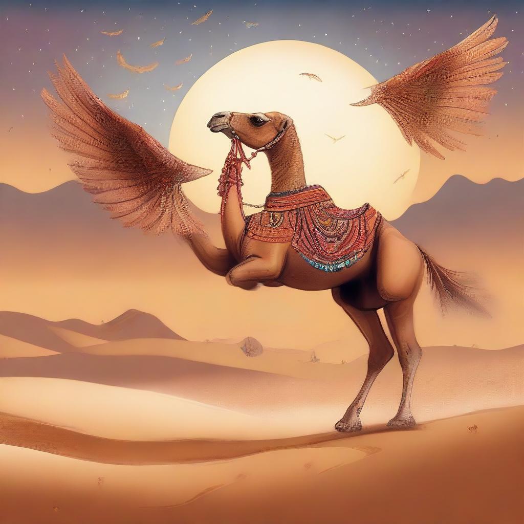 A whimsical scene featuring a majestic camel flying gracefully through the dusky desert sky with feathery wings