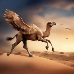 A whimsical scene featuring a majestic camel flying gracefully through the dusky desert sky with feathery wings