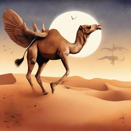 A whimsical scene featuring a majestic camel flying gracefully through the dusky desert sky with feathery wings