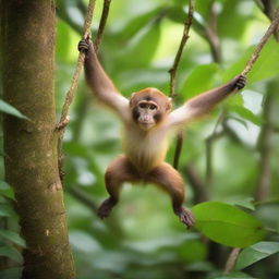 A playful monkey, full of energy and life, swinging from tree to tree in a dense, lush jungle.