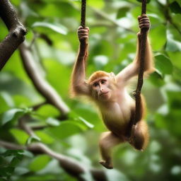 A playful monkey, full of energy and life, swinging from tree to tree in a dense, lush jungle.