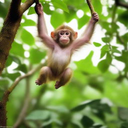 A playful monkey, full of energy and life, swinging from tree to tree in a dense, lush jungle.