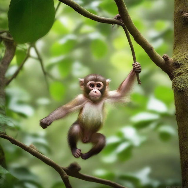 A playful monkey, full of energy and life, swinging from tree to tree in a dense, lush jungle.