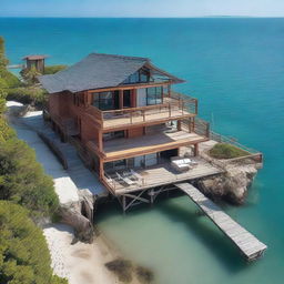 A scenic waterfront home built on stilts, situated directly above the gentle waves of a serene azure sea